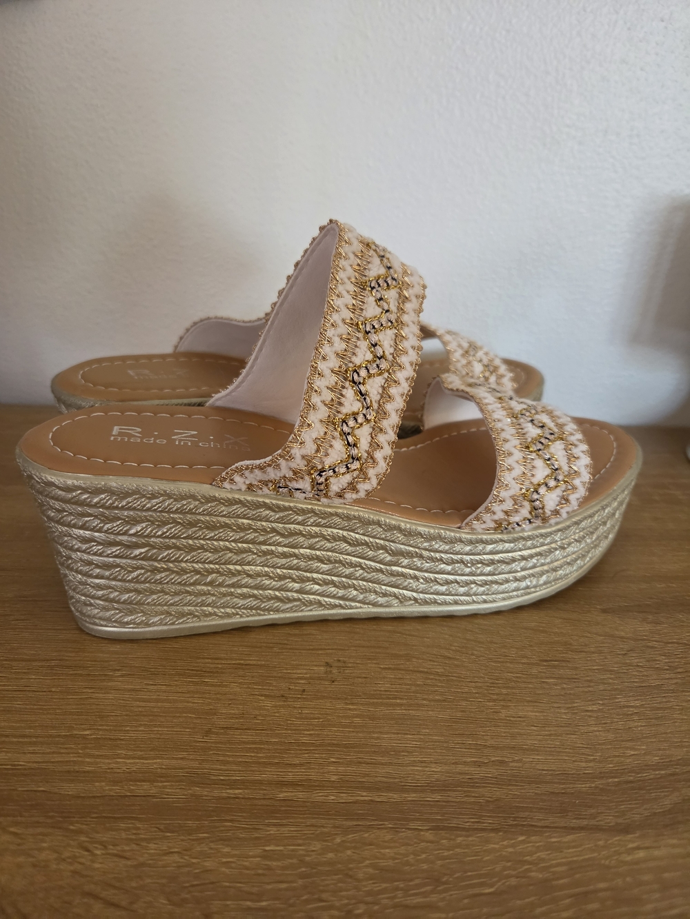 Neutral Embellished Espadrille Wedge Slides